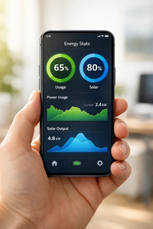 Smartphone displaying the Fuel Motion energy monitoring app with 65% usage and 80% solar output readings